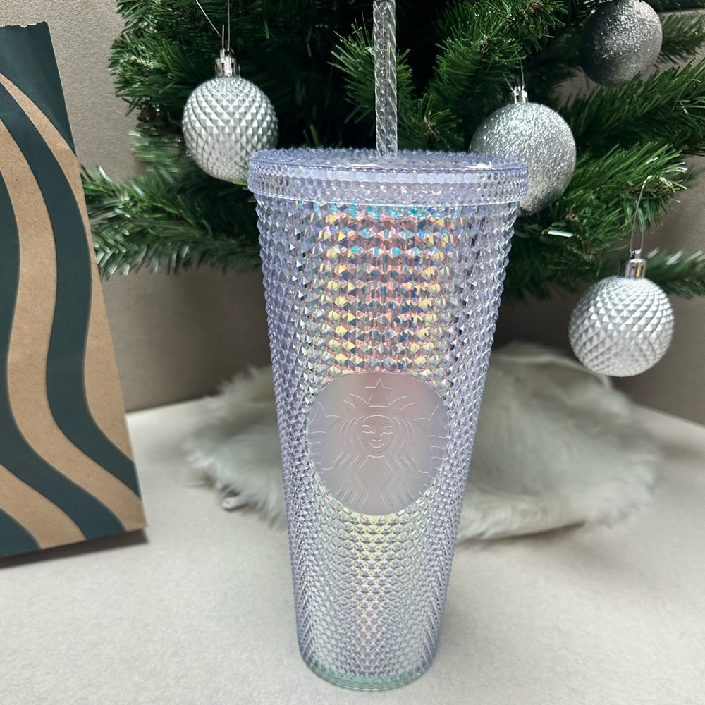 NWT Starbucks Silver Iridescent 24oz Studded Tumbler With Straw